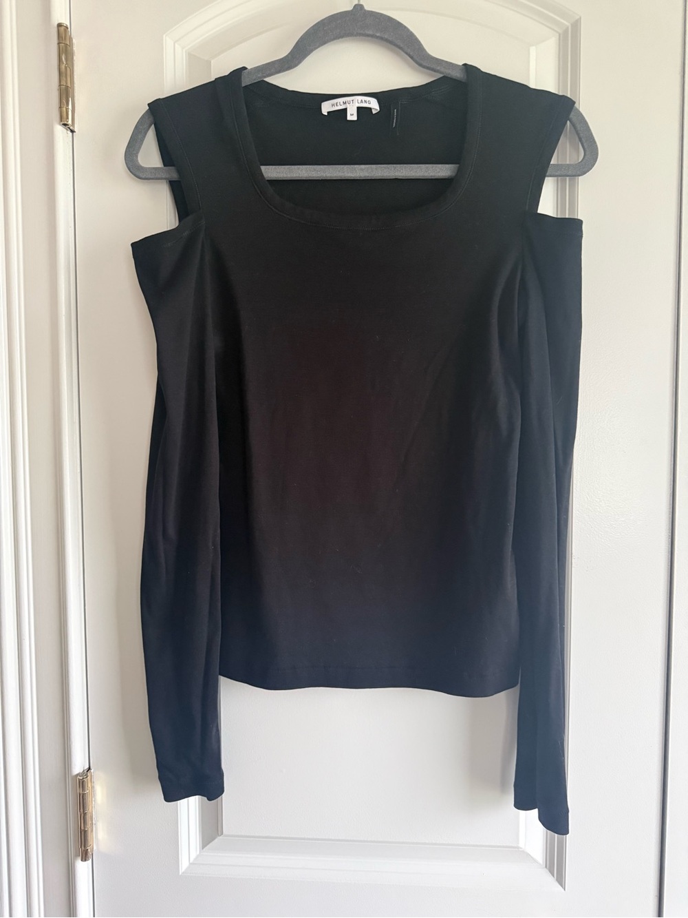 Helmut Lang Black Cotton Cold-Shoulder Long-Sleeve Top w/Thumbholes, size M, EUC
